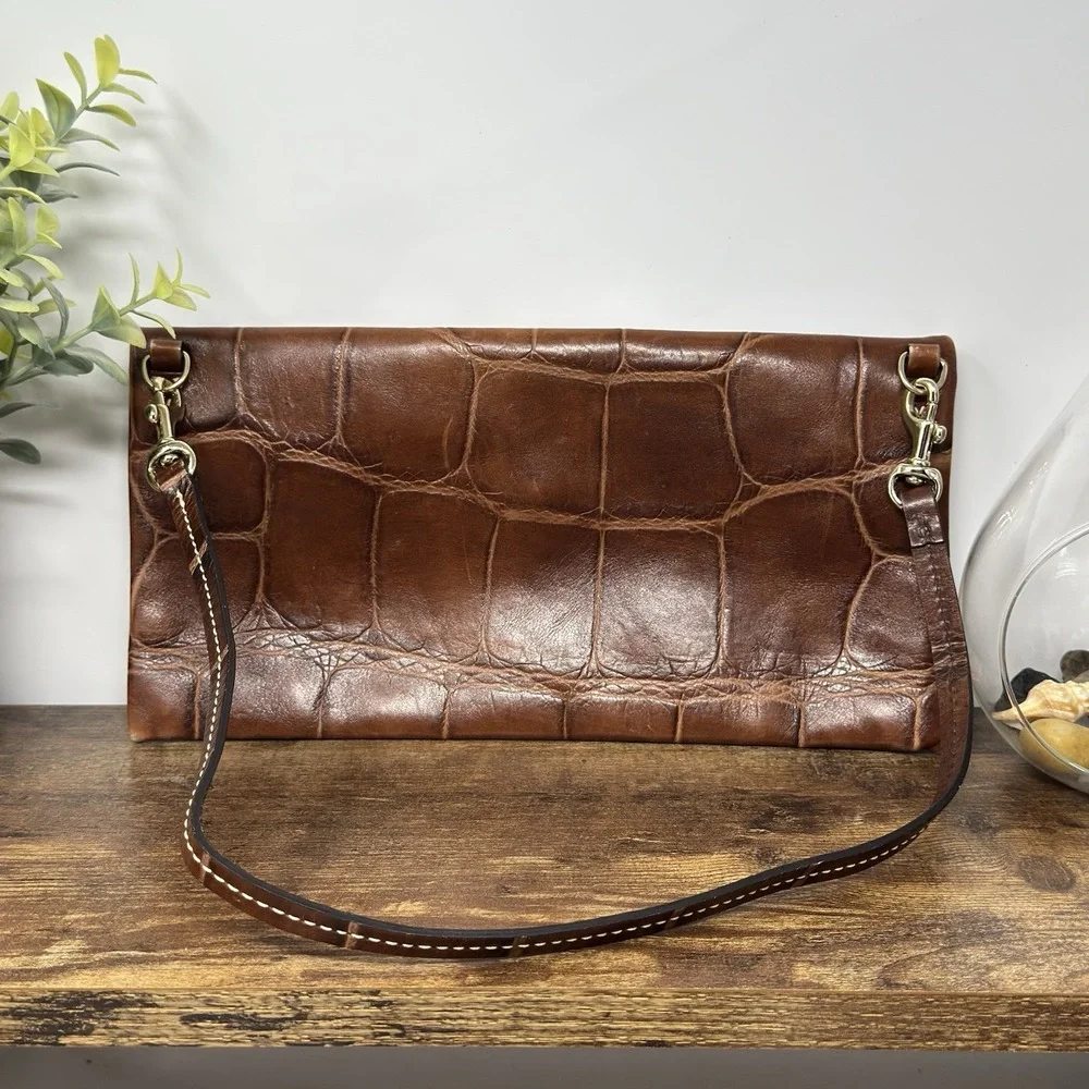 Vintage Dooney & Bourke Croc-embossed Brown Leather Clutch w/ Strap 10x5